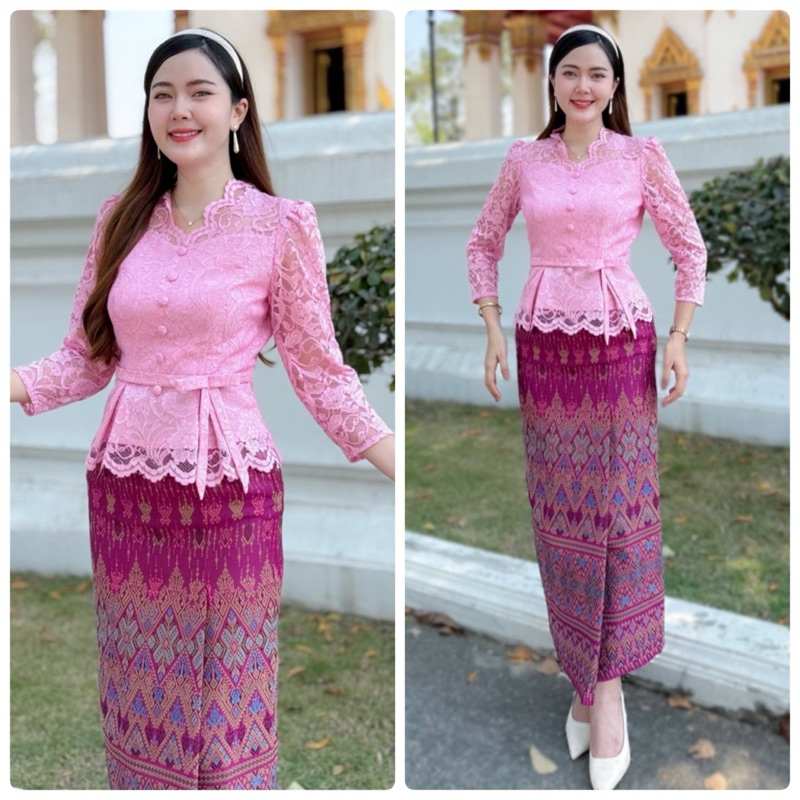 HM-LB(ขายแยก) เสื้อลูกไม้สีชมพูนมฝรั่งเศสคอระบายแขน5ส่วน อัดกาว แต่งโบว์ที่เอว ผ้าถุงสีชมพูอมม่วง ป้