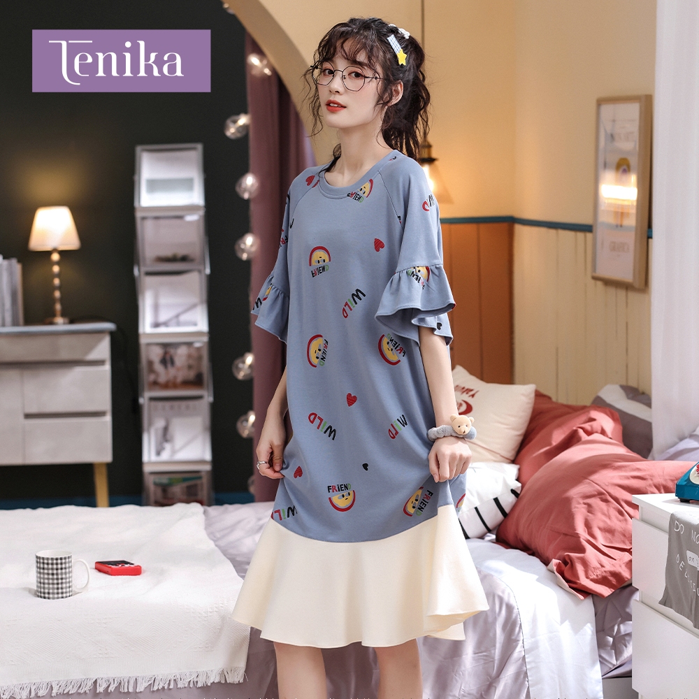 TENIKA ชุดนอน ผ้าฝ้าย น่ารักการ์ตูน มีบราในตัว ชุดนอนบ้าน น้ำหนักเบาและบาง ระบายอากาศและอ่อนนุ่ม