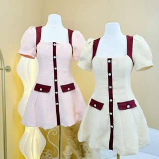 [LISA] A0794 ชุดเดรสกระโปรงคอเหลี่ยมแขนตุ๊กตาดีเทลแต่งกระดุม…