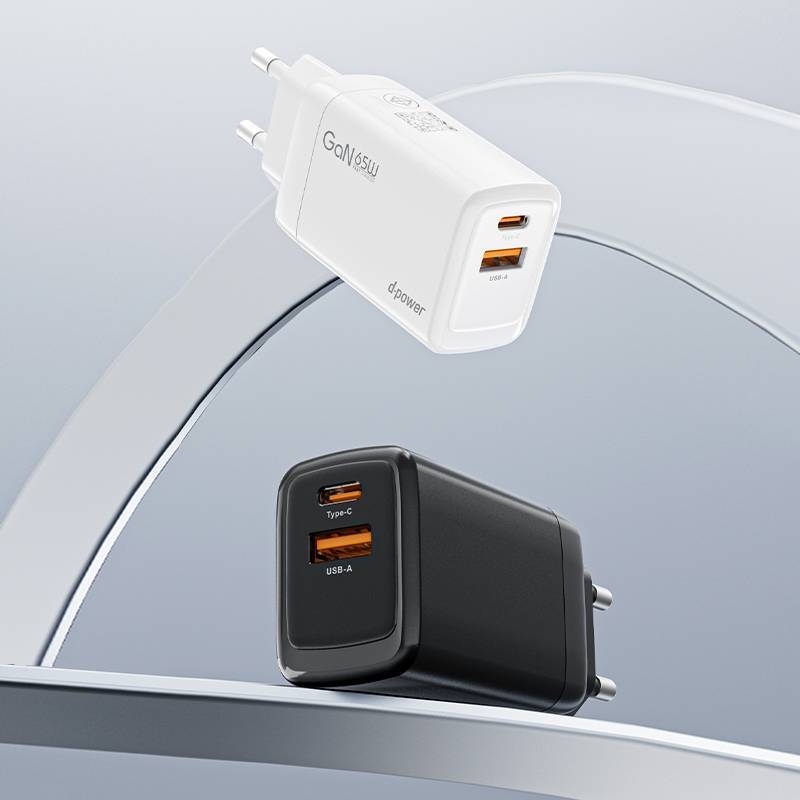 d-power Adapter GaN65W Super Fast Charger สีขาว รุ่น AG-66 หัวชาร์จเร็ว PD 65W 2 พอร์ต Type C/USB-A