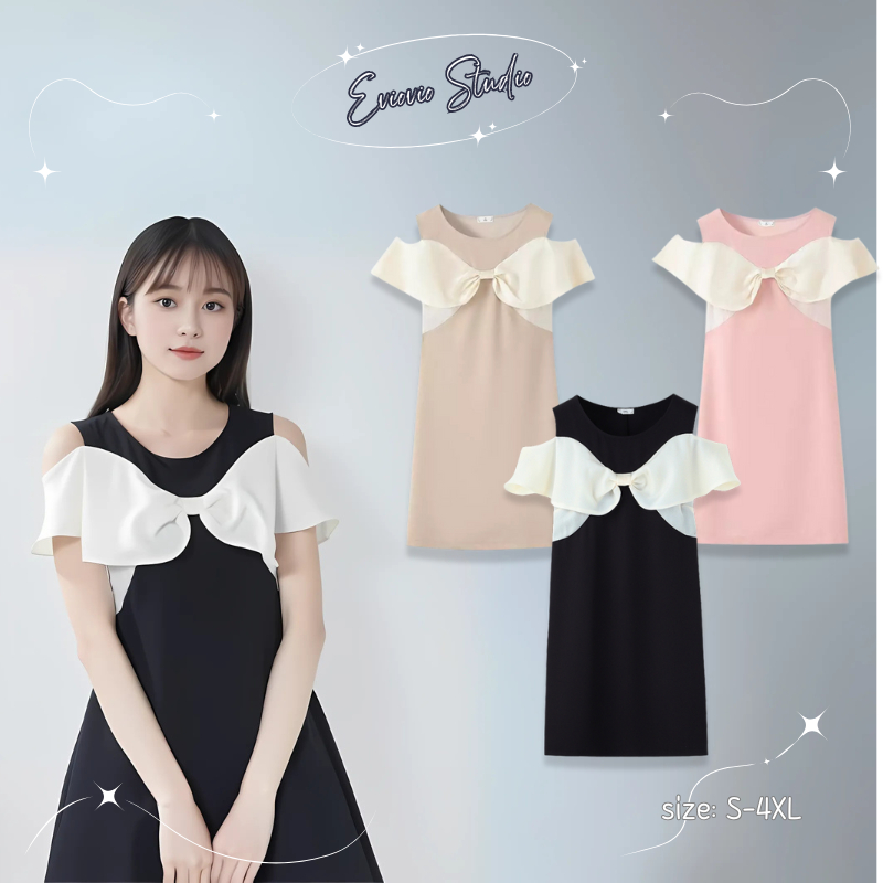 S-4XL 🌈 3 สี 🍰 เหมาะสำหรับสาวอวบ 40-90KG ชุดเดรสโบว์ ดีไซน์เปิดไหล่ น่ารัก มีเสน่ห์ เดรสปิดท้องและทำให้ดูผอม หุ่นดี