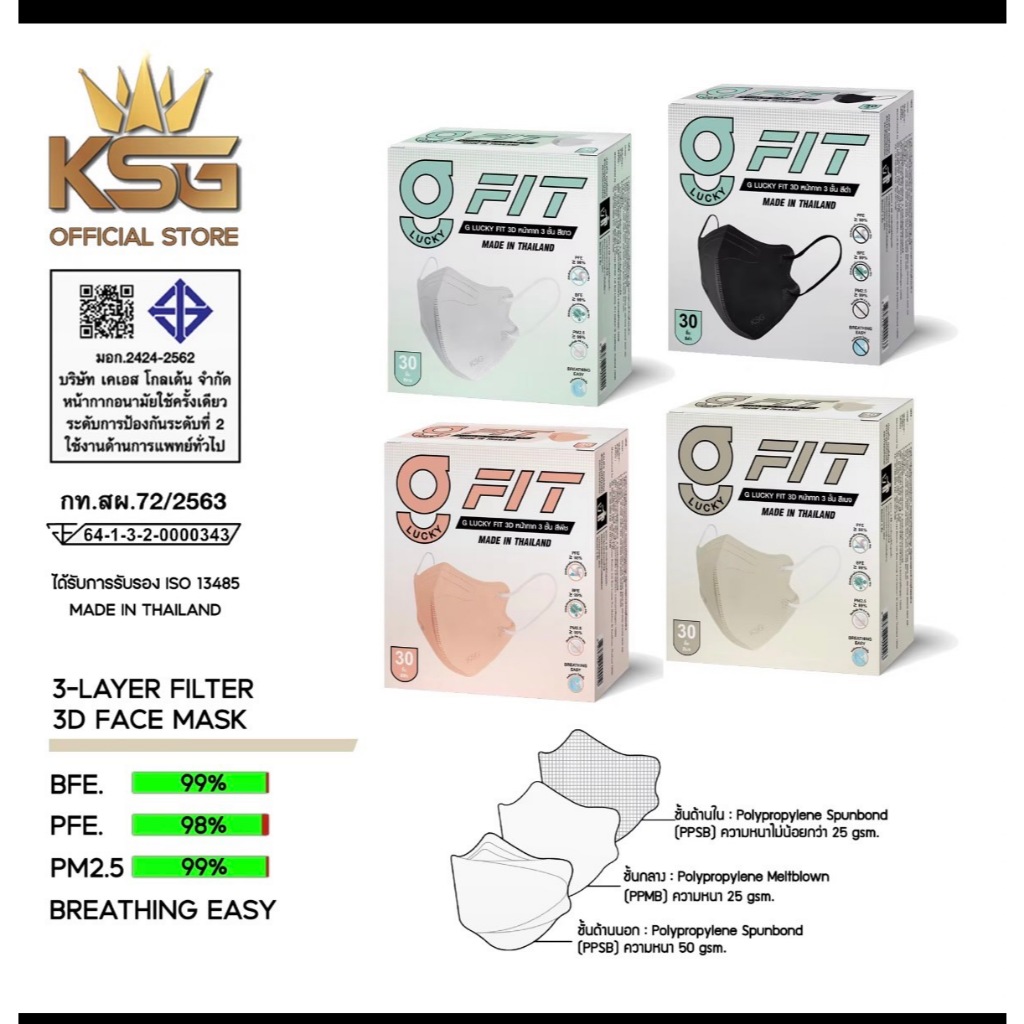 G Lucky Fit หน้ากากอนามัย แมสหน้าเรียว กันฝุ่น PM 2.5 Face Mask Fit 3D (กล่อง บรรจุ 30 ชิ้น) ล็อตใหม่ ส่งด่วน