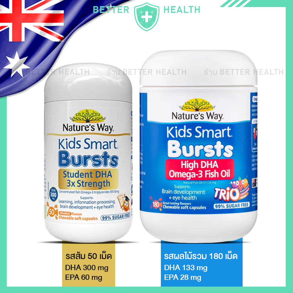 NATURE'S WAY KIDS SMART โอเมก้า-3 ชนิดเม็ดเคี้ยว สูตรพรีเมี่ยม ซอฟแคปซูล