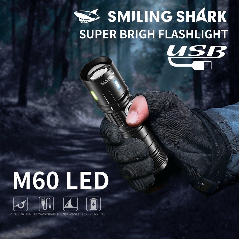 SmilingShark SD5247 ไฟฉาย led M60 6000lm คบเพลิง ซุปเปอร์ไบรท์ ซูมได้ ประเภท-C 3 โหมด ด้วยแถบฟลูออเรสเซนต์ กันน้ำสำหรับค