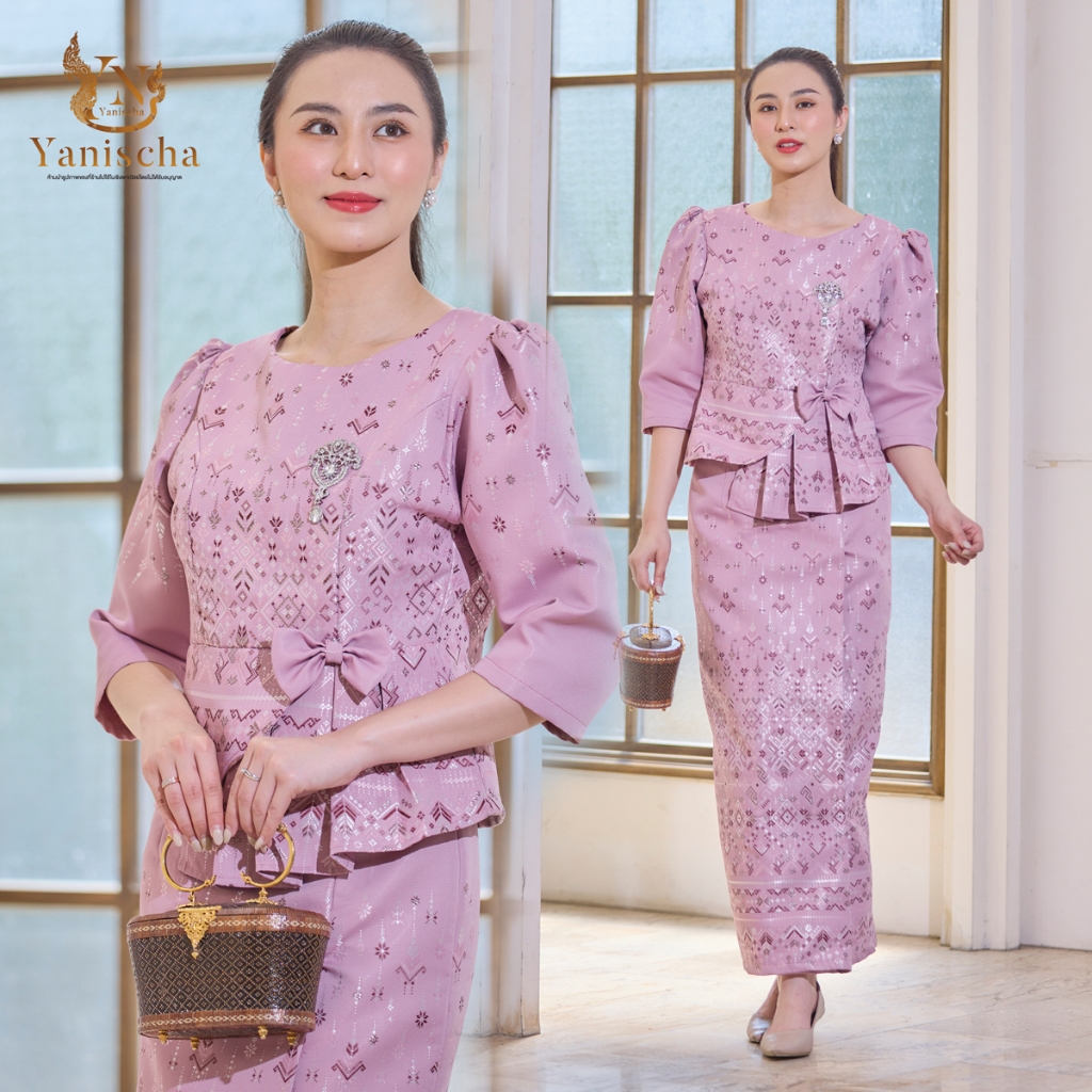 ชุดร้านญาณิศชา ผ้าไทย เสื้อผ้าไหม ผ้าถุง ชุดออกงาน ไปวัด ชุดทำบุญ - เสื้อผ้าไหม ผ้าไหมทอลาย อัดกาวทั้งชุด (ชมพู)