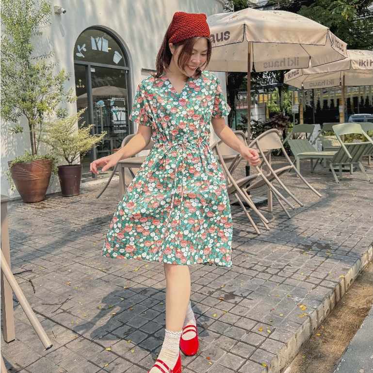katji / พร้อมส่ง Mamiya Dress ชุดเดรสเอวรูด ทรงหลวม ผ้าพิมพ์ลาย Cotton