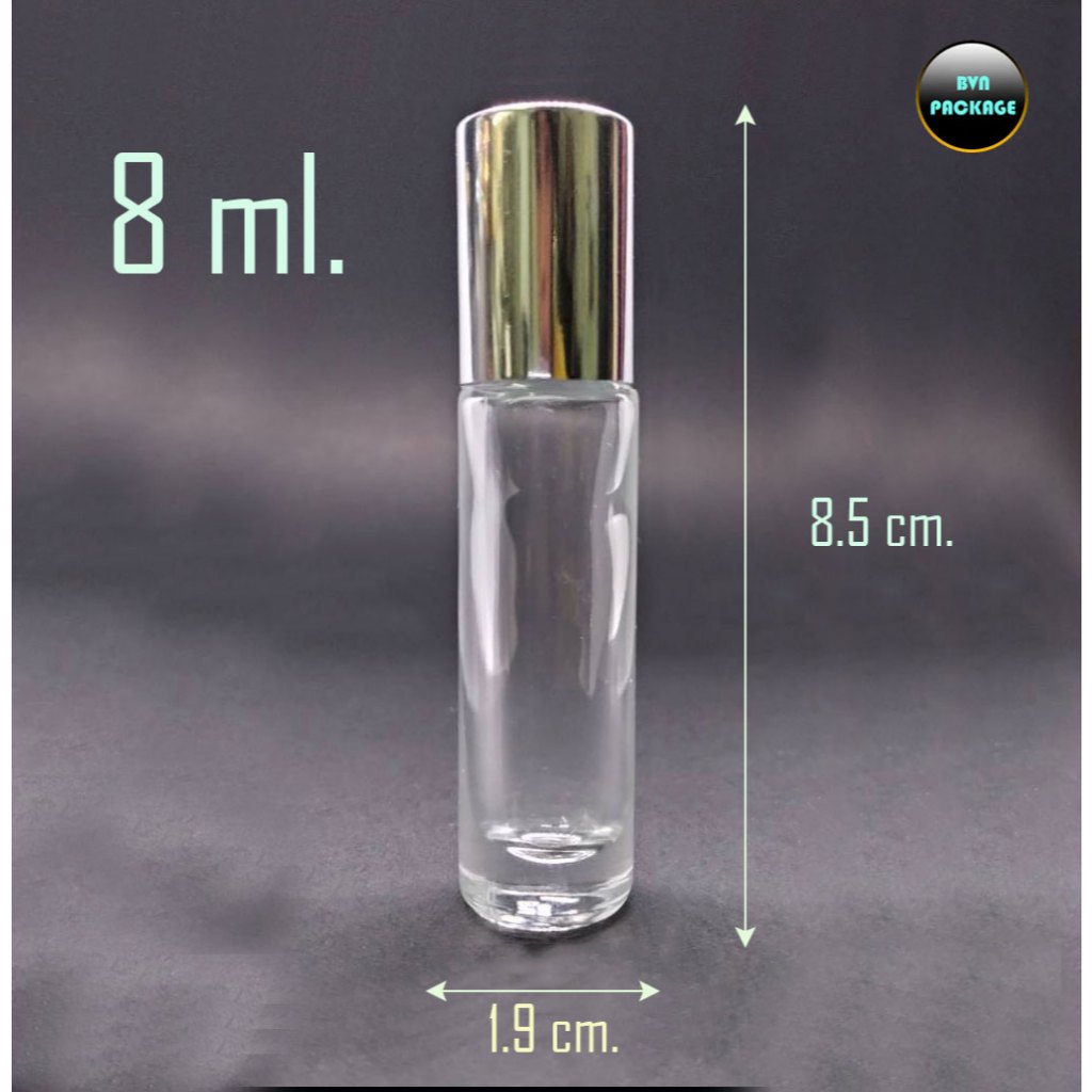 ขวดแก้ว 8 ml. พร้อมลูกกลิ้ง และ ฝามีให้เลือกหลายสี (50ขวด)