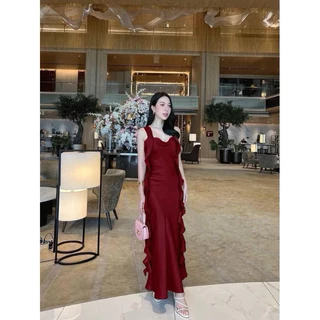 ชุดราตรีออกงาน เดรสยาว แต่งระบายเกลียวยาว งานมีซับใน ผ้าซาตินเงาเนื้ออย่างดี