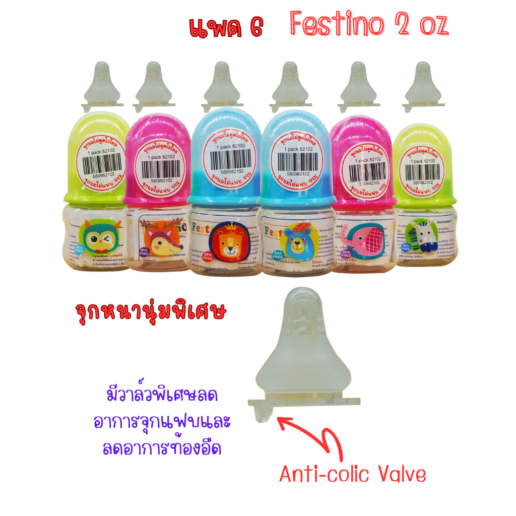 ขวดนม Festino 2 ออนซ์ จุกซิลิโคนขนาดมาตรฐานแบบไม่ดูดไม่ไหล size S เหมาะสำหรับน้องแรกเกิดถึง3เดือน