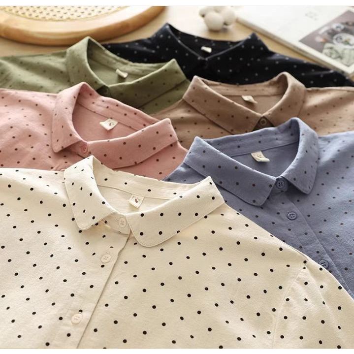 เสื้อเชิ้ตแขนยาวลายจุดเล็ก ผ้าคอตตอนแบบหนา สไตล์ญี่ปุ่น – โปรปัง