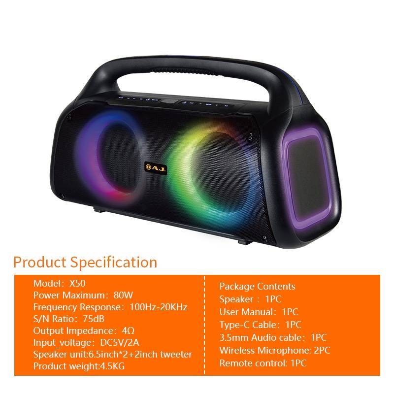AJ ลำโพงบลูทูธ รุ่น X50 Super Bass กำลังขับ 80 วัตต์ พร้อมไมค์ลอย 2 ตัว มีไฟLED เสียงดี ประกัน 1 ปี