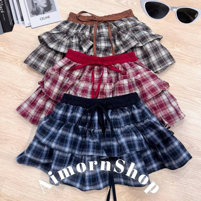 🔥aimorn_shop🔥กระโปรงระบายลายสก็อต ผูกโบว์หน้าเอวสม็อค ข้างในมีซับใน ผ้าใส่สบาย งานสวยมาก