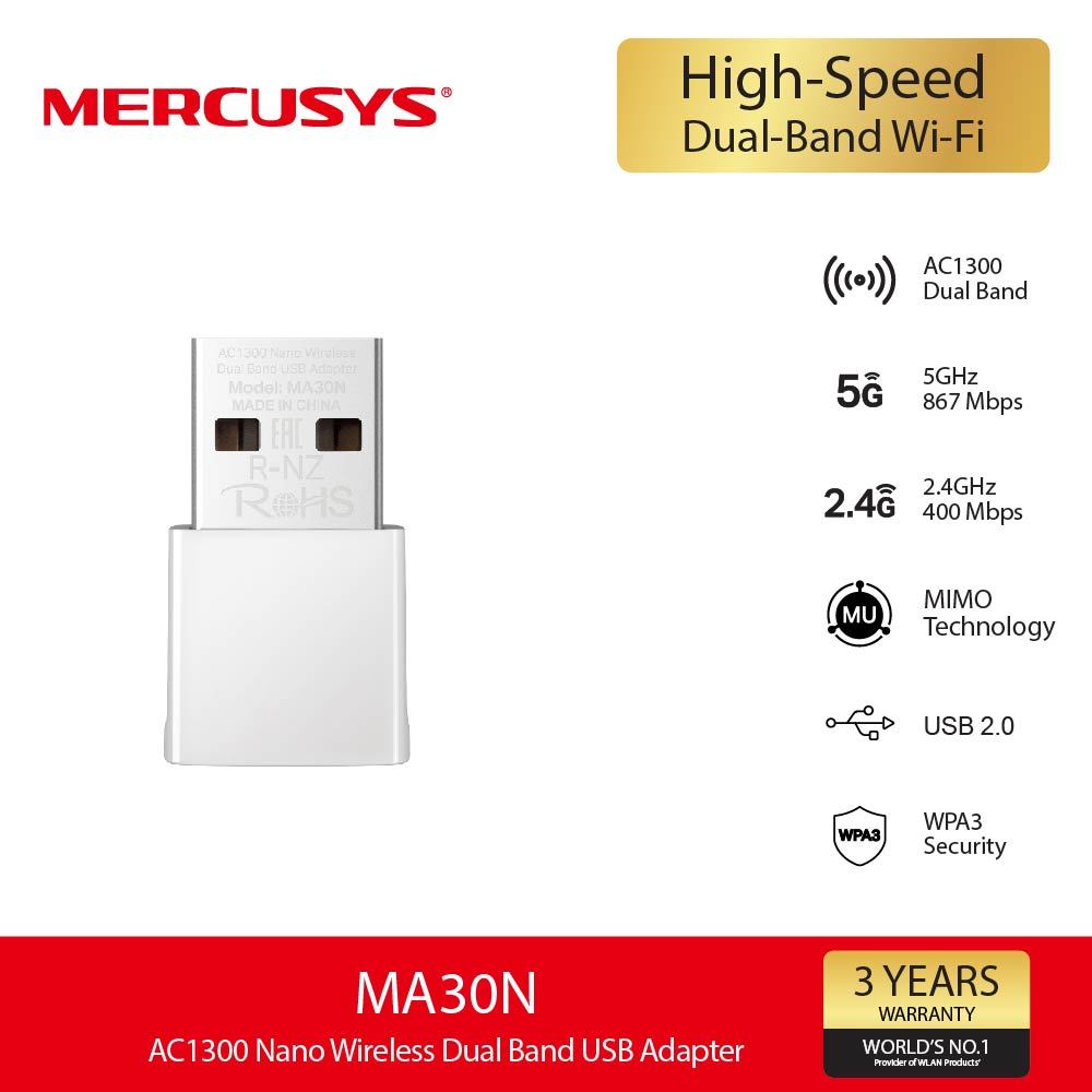 Mercusys MA30N AC1300 Nano Wireless Dual Band USB Adapter