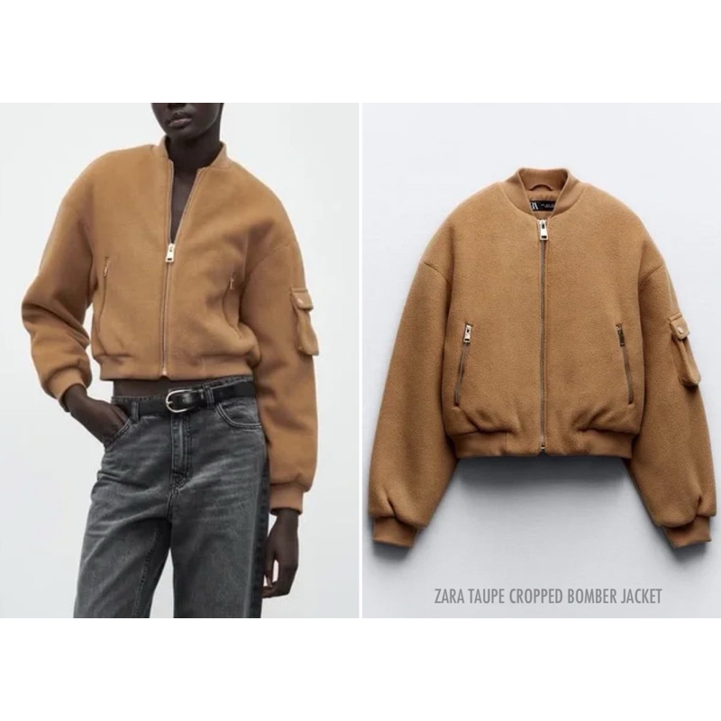 ZARA เสื้อแจ็กเก็ตบอมเบอร์ เสื้อกันหนาว คอตั้ง แขนยาว TAUPE CROPPED BOMBER JACKET (C034)