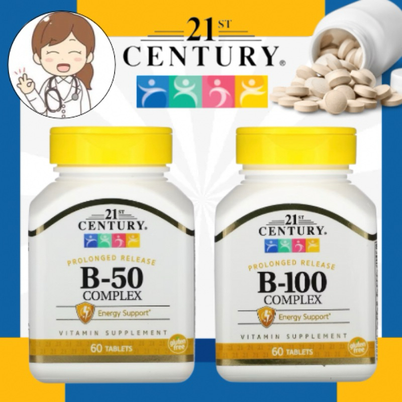 พร้อมส่งด่วนใหม่ 21st Century,B-100 Complex, B-50 Complex, Prolonged Release, 60 Tablets