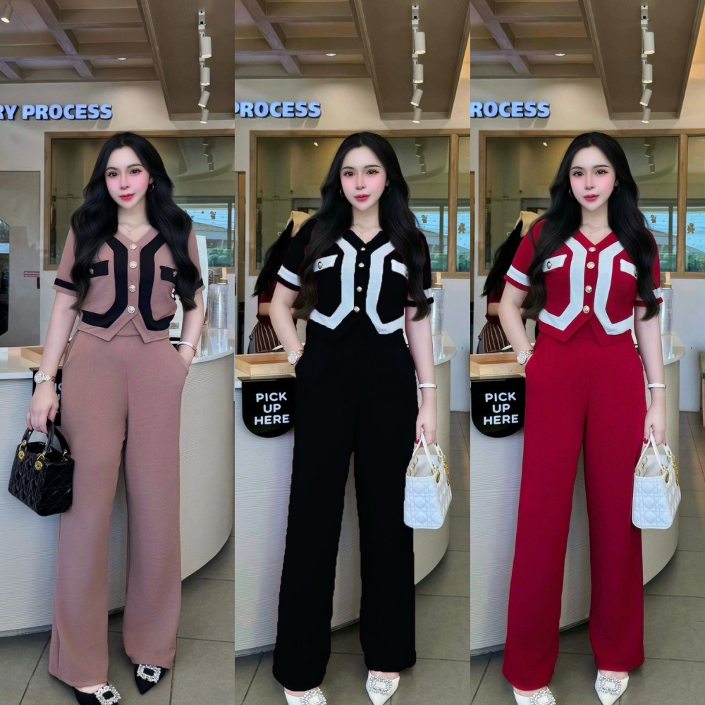 สินค้าพร้อมส่ง ชุดเซตยาวผ้าวูลเวฟทรูโทน เสื้อทรงสูทแต่งกระเป๋าหน้ากระดุมหน้า+กางเกงเอวเรียบสม็อคหลังมีกระเป๋า A5470
