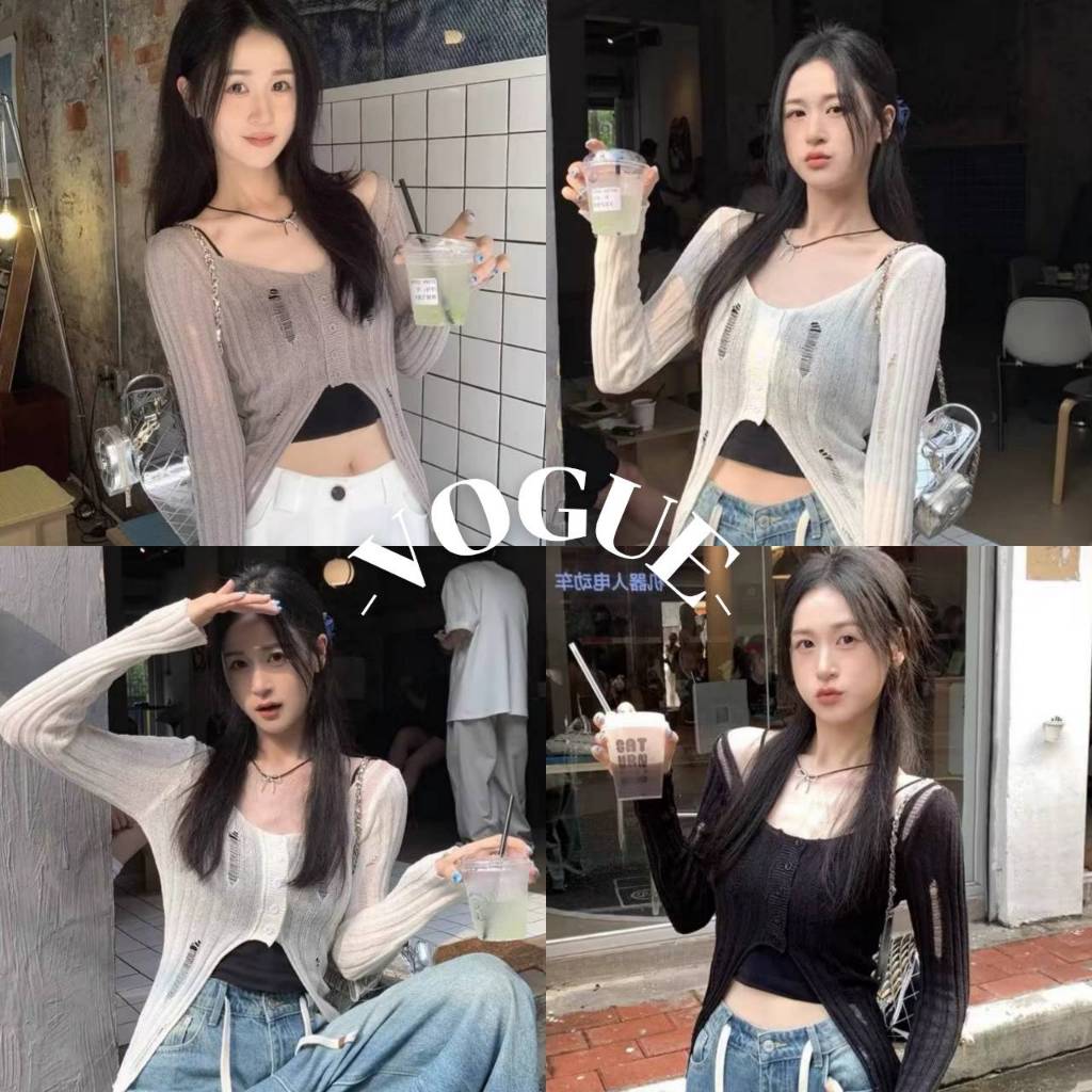Vogue🌟พร้อมส่ง🌟 เสื้อถักไหมพรมแขนยาว คอวี ดีเทลขาดๆ (MT725)