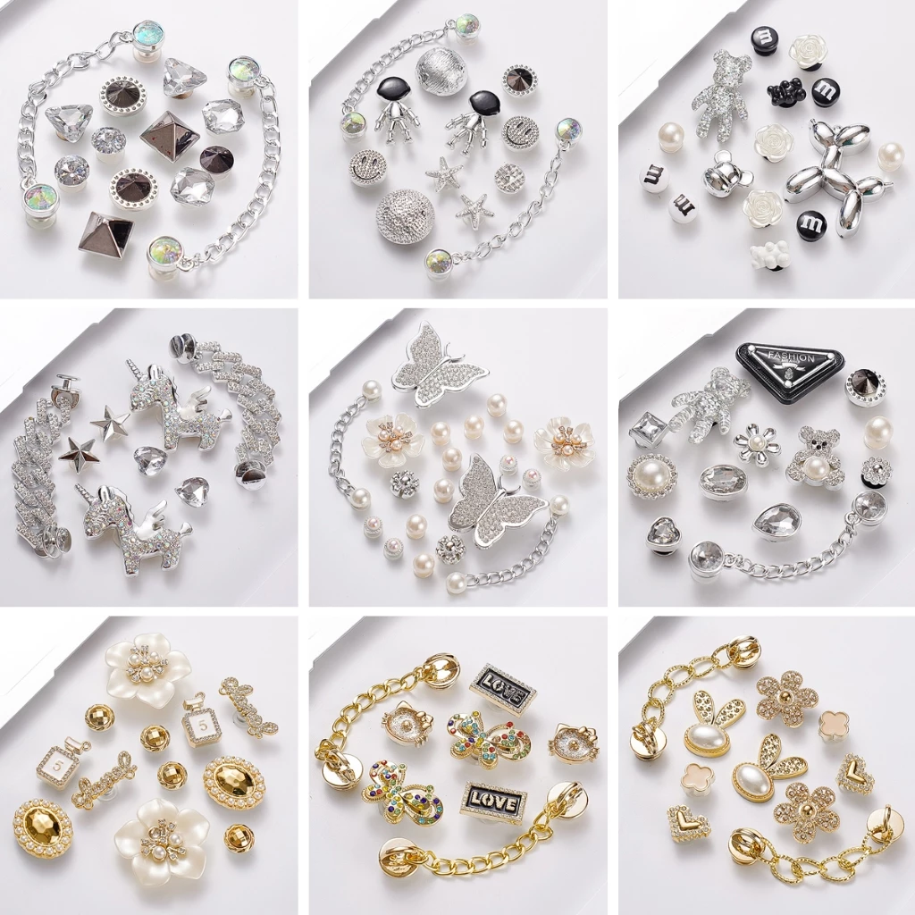 ใหม่ สีดําและสีขาว โลหะ มุก / ผีเสื้อ / ดอกไม้ / ทอง เงิน ชุด Cros Jibit Charm Diy รองเท้าผู้หญิง อุปกรณ์เสริม