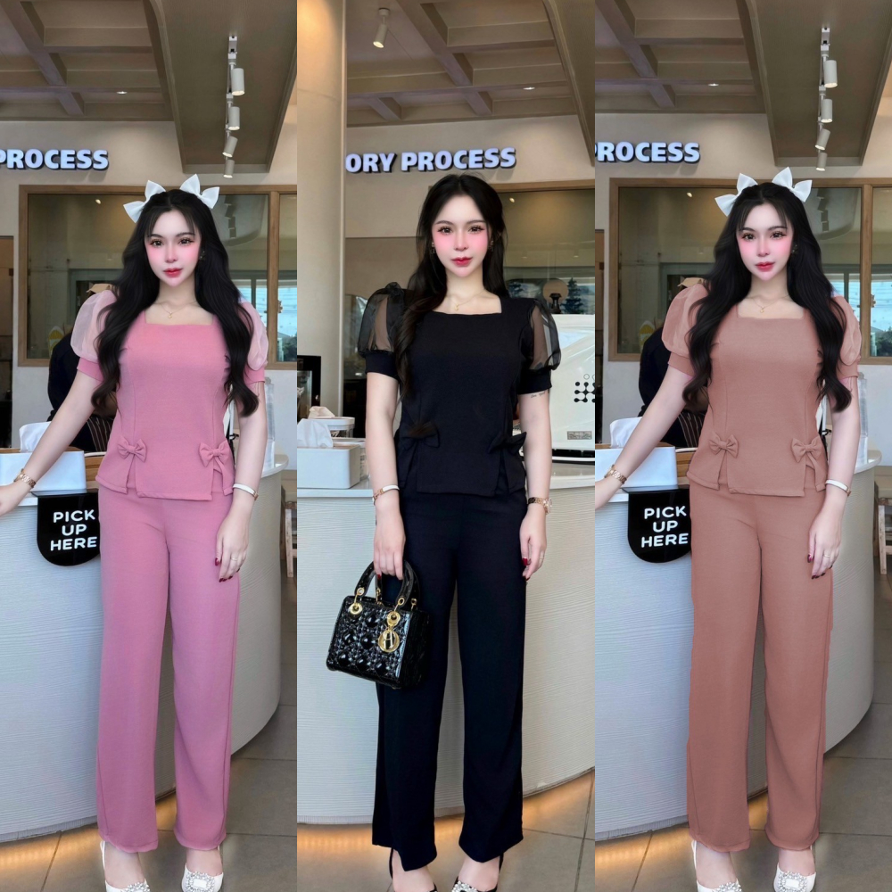 สินค้าพร้อมส่ง ชุดเซตผ้าวูลเวฟ เสื้อแต่งแขนผ้าแก้วแต่งโบว์หน้า+กางเกง A4178
