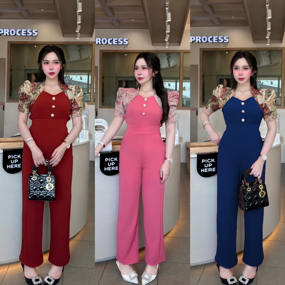 พร้อมส่ง ชุดเซตผ้าวูลเวฟ เสื้อคอระหงส์แขนแต่งผ้าทอแต่งย่นแต่งกระดุมมุก+กางเกง