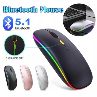 เมาส์ไร้สายแบบชาร์จไฟได้สองโหมดเมาส์พกพาบางพร้อมไฟ LED USB 2.4GHz และบลูทูธ 5.2 เมาส์เงียบไร้สายสําหรับแล็ปท็อ