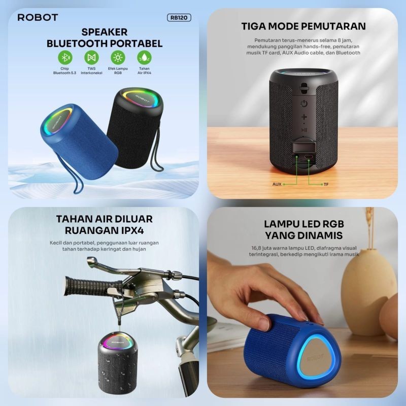 ลำโพงบลูทูธ 5W ROBOT รุ่น RB120 กันน้ำ IPX4  Bluetooth 5.3 เชื่อมต่อไร้สายให้เสถียรและไม่ดีเลย์