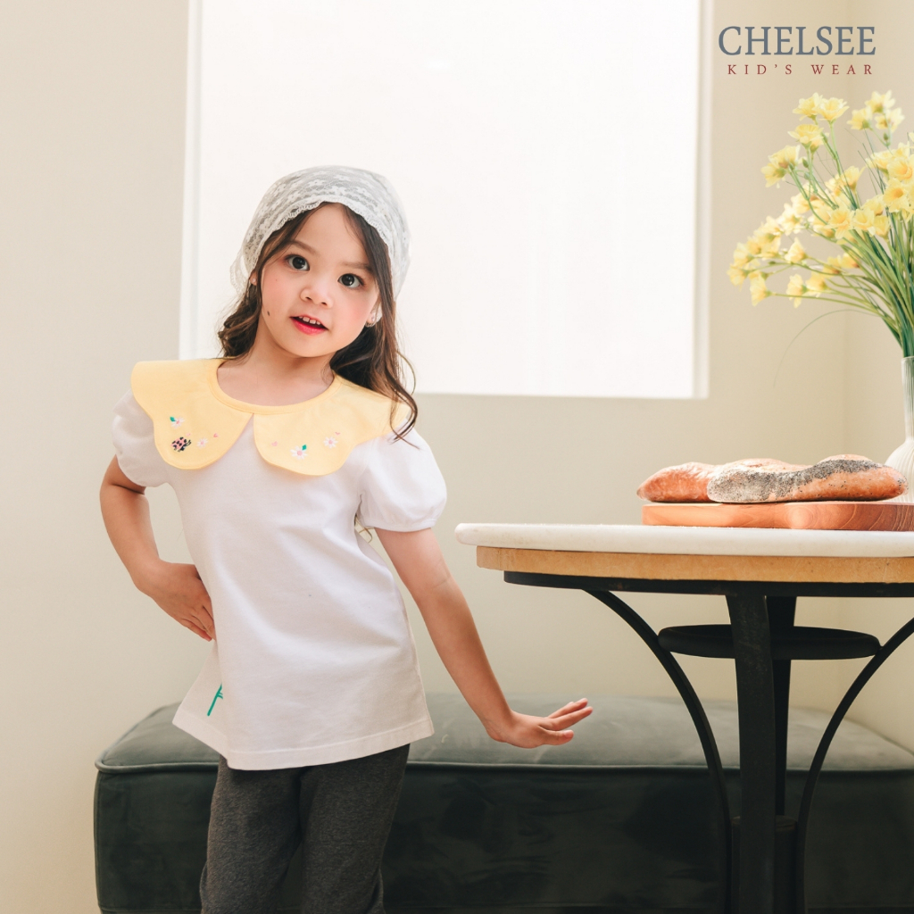 Chelsee เสื้อยืดคอกลม ปกหยัก ลายดอกไม้ ผ้า 100%Cotton อายุ 1.5-10 ปี เด็กผู้หญิง เสื้อผ้าเด็กโต รุ่น 238126
