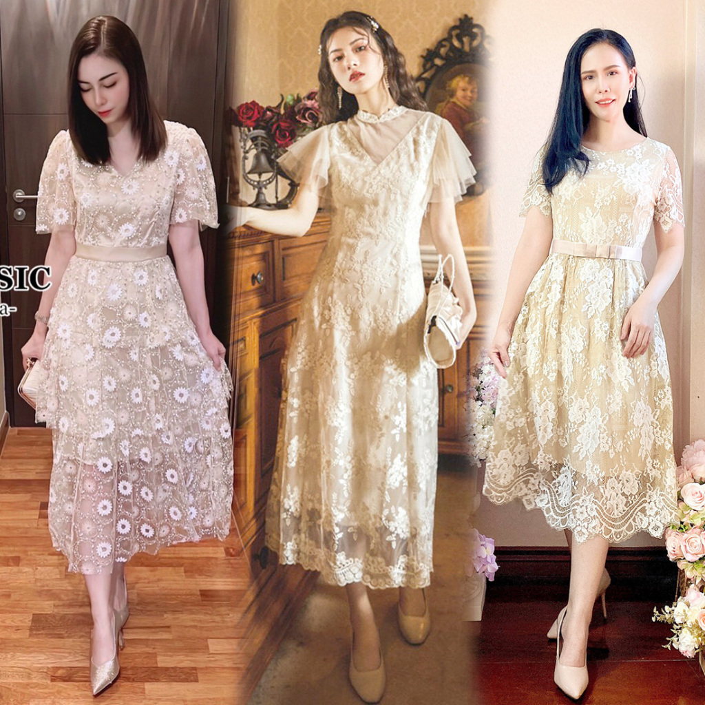 S-XL​✨ชุดเดรสยาวผ้าลูกไม้ โทนสีครีมทอง ชุดไปงานแต่ง,งานบวช,ชุดทำบุญ