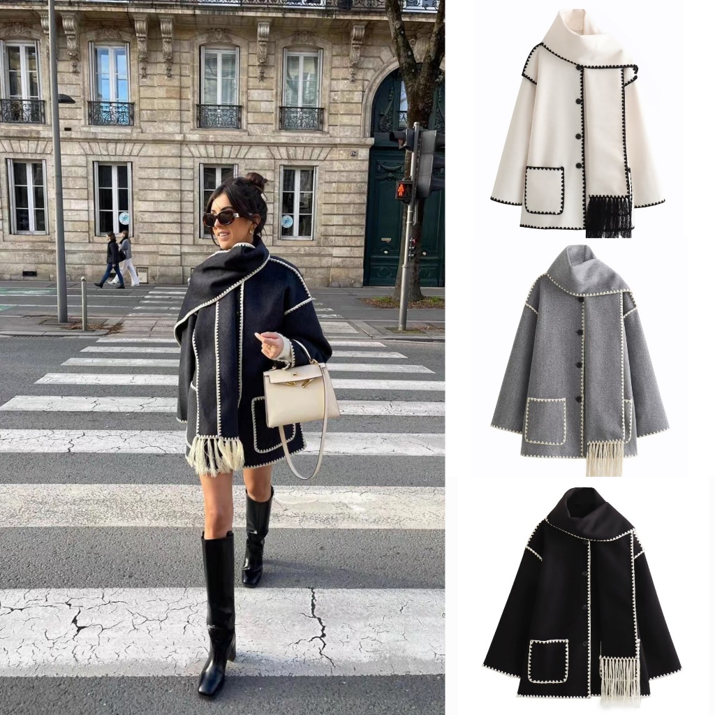 พร้อมส่ง 3สี เซ็ต2ชิ้น เสื้อโค้ทกันหนาวผ้าวูลแขนยาว และผ้าพันคอ (T414)