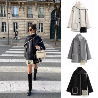 พร้อมส่ง 3สี เซ็ต2ชิ้น เสื้อโค้ทกันหนาวผ้าวูลแขนยาว และผ้าพั…
