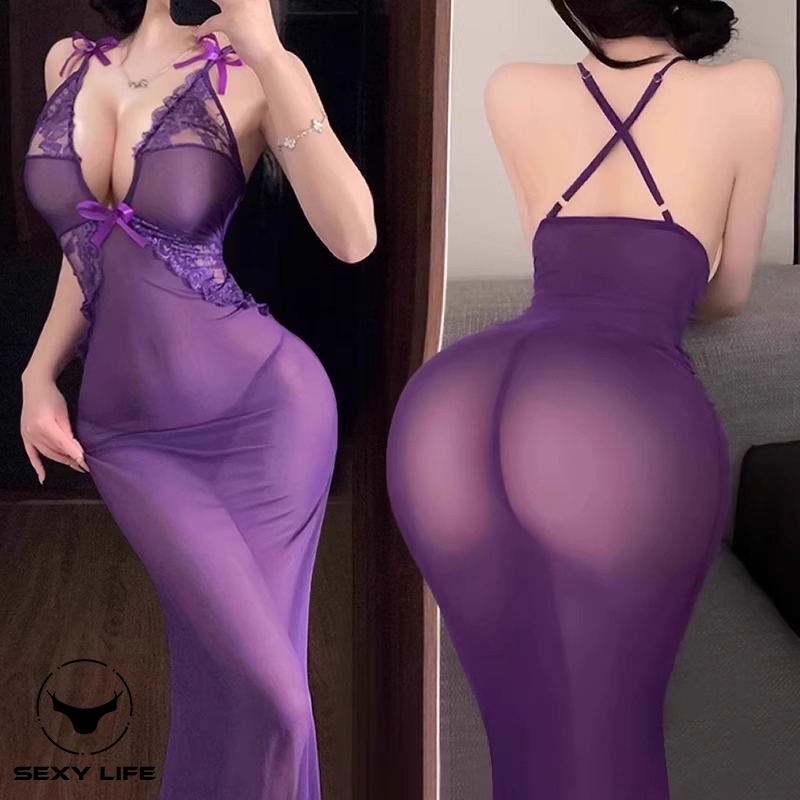 ชุดนอนไม่ได้นอน   ชุดนอนลูกไม้เซ็กซี่  กระโปรงยาวซีทรู คอวี  ล่อลวงสามี