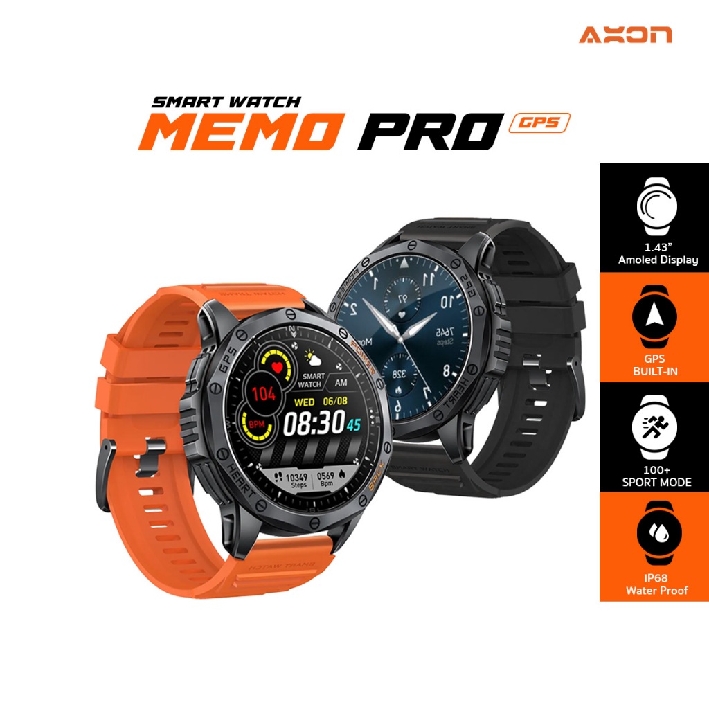 AXON Memo Pro GPS Smart Watch เพื่อสุขภาพ AMOLED 1.43" GPS โทรได้ วัดชีพจร SpO2 รับประกัน 2 ปี