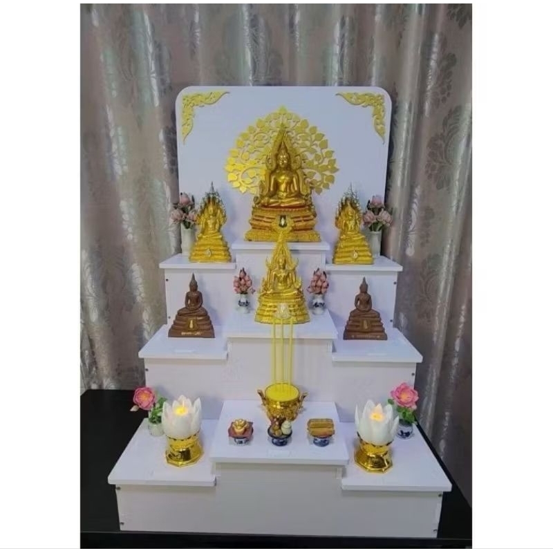 หิ้งพระ โต๊ะหมู่บูชา หิ้งพระติดผนัง พระพิฆเนศ ท้าวเวสสุวรรณ ต้นโพเรียกทรัพย์ ชั้นพระ H44 ชนาด เล็ก ฐานกลาง 7​ นิ้ว