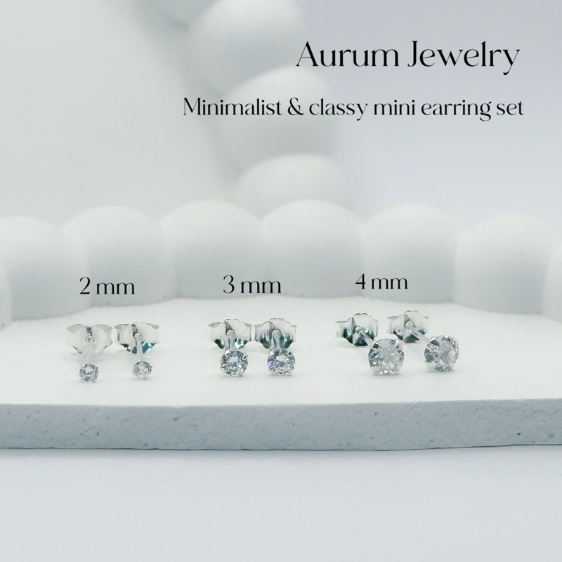 Aurum Jewelry : เซ็ตต่างหูเพชร cz กลม เงินแท้ 3 คู่ เซ็ต Minimalist & classy mini earring set (ราคาต่อ 1 เซ็ต)