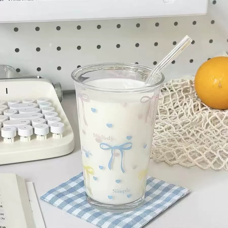 💘พร้อมส่ง💘 แก้วลายโบว์ทรงสูง ใส่มัทฉะ นม กาแฟ เนื้อแก้วหนา คุณภาพดี แก้วแม่ตุ๊ก