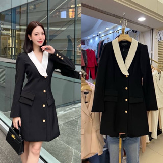 40030 เดรสสูทแขนยาวทูโทนแต่งปกสีขาว เดรสสูทไปงานสีดำ งานป้าย…