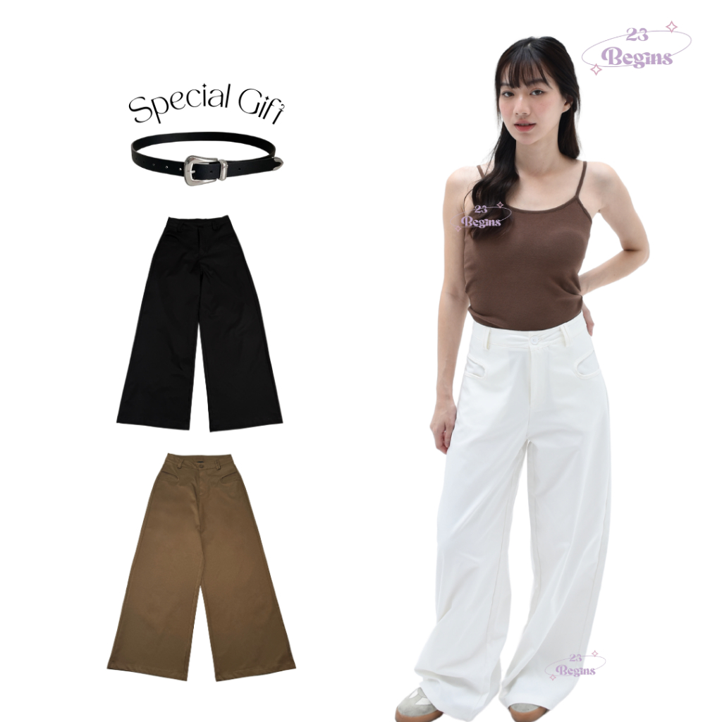 Timeless Pants กางเกงเอวสูง ขายาวผ้าดีมาก เเถมเข็มขัด กางเกงขายาวสีพื้น (9689)