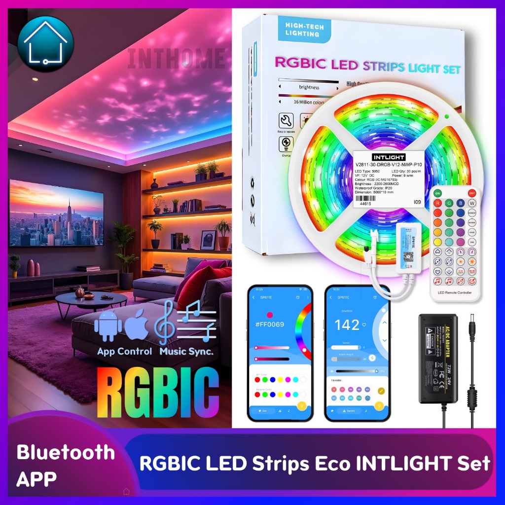 ⚡️พร้อมส่ง🌈 ไฟวิ่ง ไฟรุ้งเล่นตามเพลง บลูทูธ RGBIC Rainbow IntLight | ไฟเส้น 16ล้านสี ARGB LED