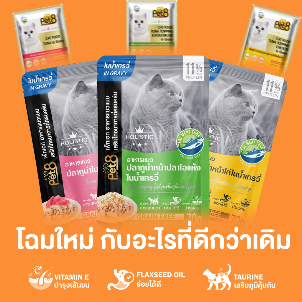 อาหารแมวแบบซอง pet8 gold ทำจากเนื้อปลา เกรดพรีเมี่ยม ในน้ำเกรวี่ 70g ยกโหล