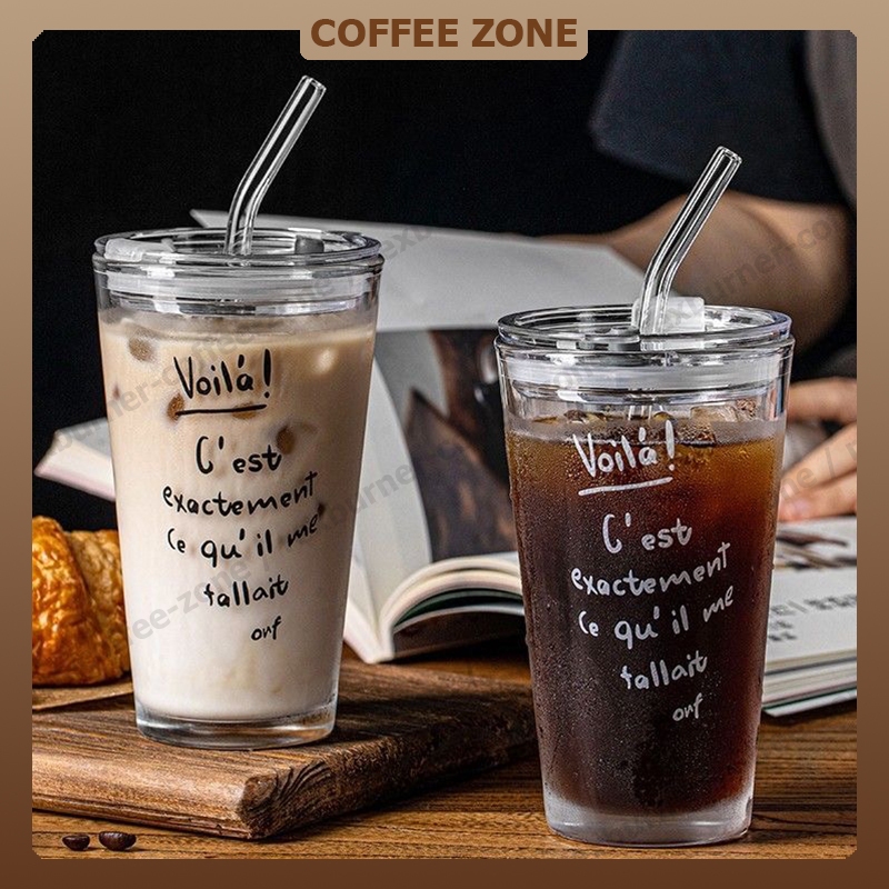 【สินค้าพร้อมส่ง】แก้วกาแฟ เก็บความเย็น 450มล. แก้วน้ำมีฝาปิด ถ้วยแก้วบอโลซิลิเกตสูง พร้อมหลอดแก้ว สไตล์เกาหลี ถ้วยกาแฟ