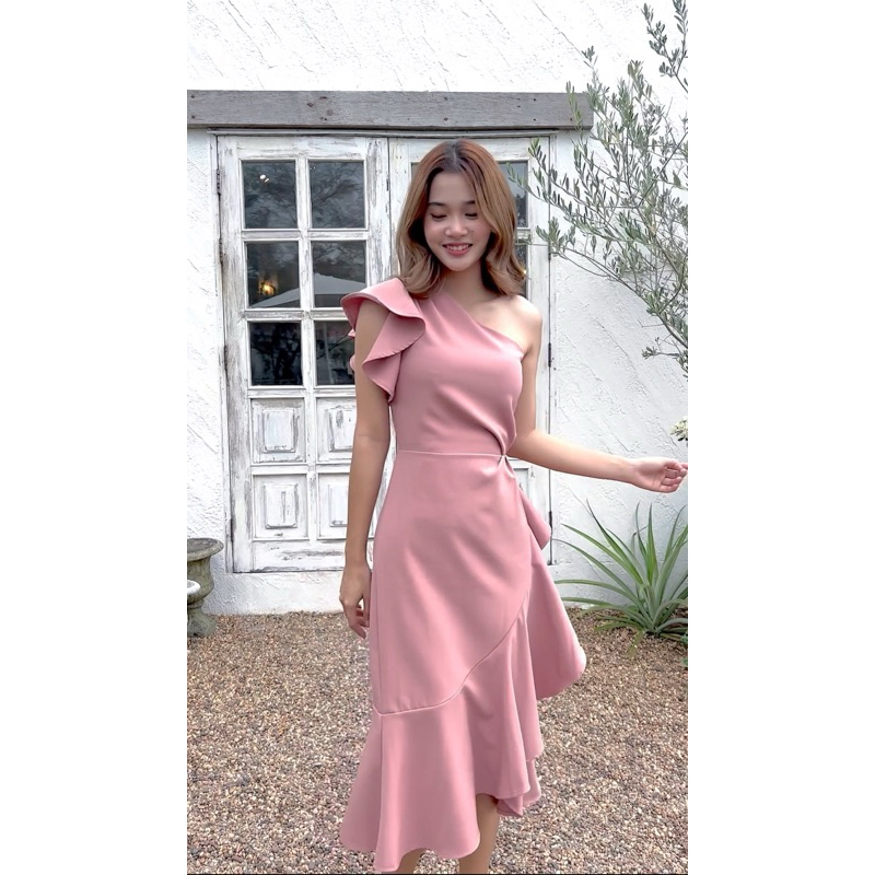 LX9575  Dressบ่าเดี่ยว(ด้านขวา) จีบบ่าระบายพริ้ว ชุดออกงานทางการ ทรงสุภาพ ชุดพิธีการ เดรสทำงาน [LUXURY707]