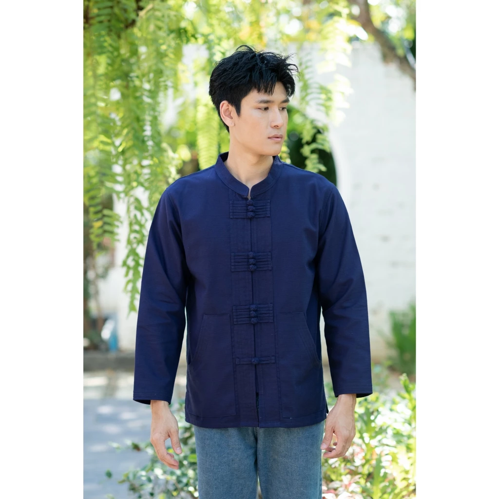 เสื้อผ้าฝ้ายพื้นเมือง ผ้าชินมัย คอจีนแขนยาวกระดุมแต่งเดินลาย