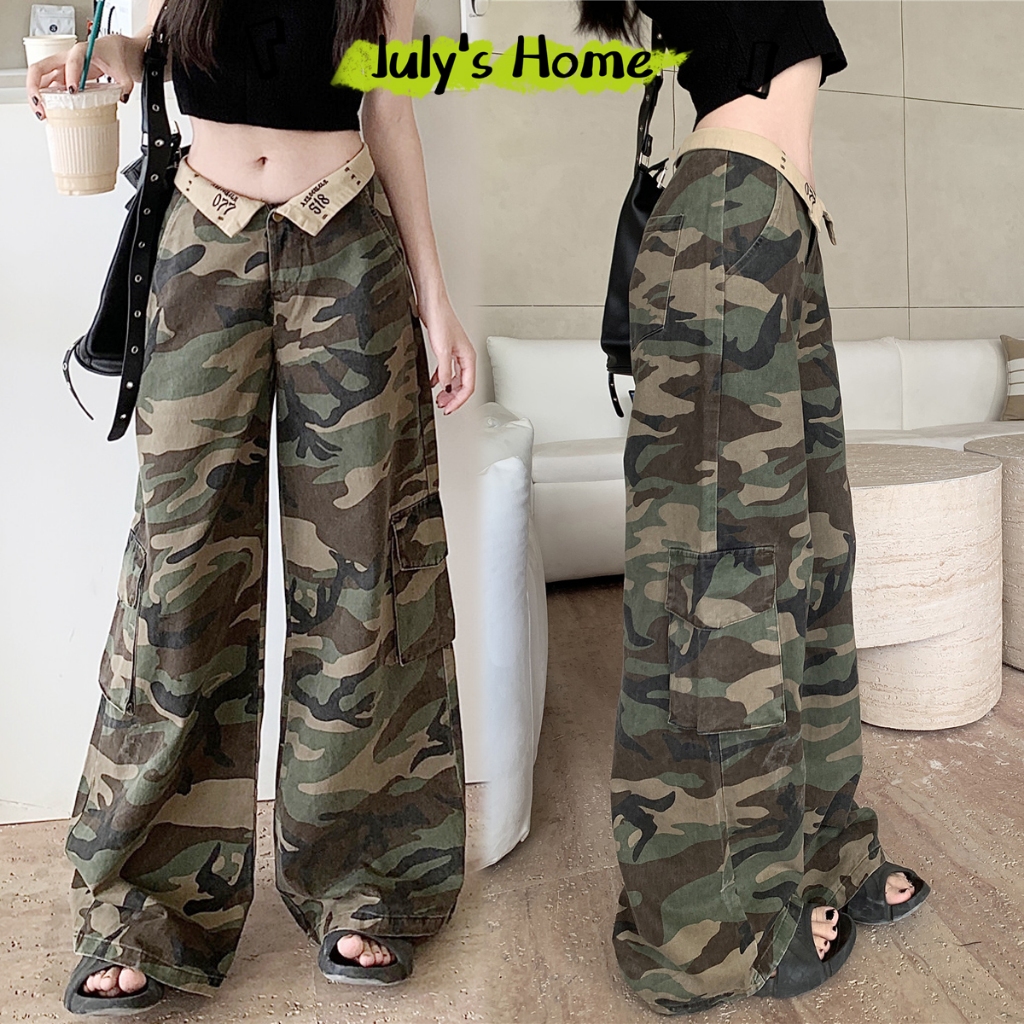 กางเกงขายาว กางเกงเอวสูง สไตล์วินเทจ ลายทหาร ขอบเอวพับซ้อนกัน#J1055