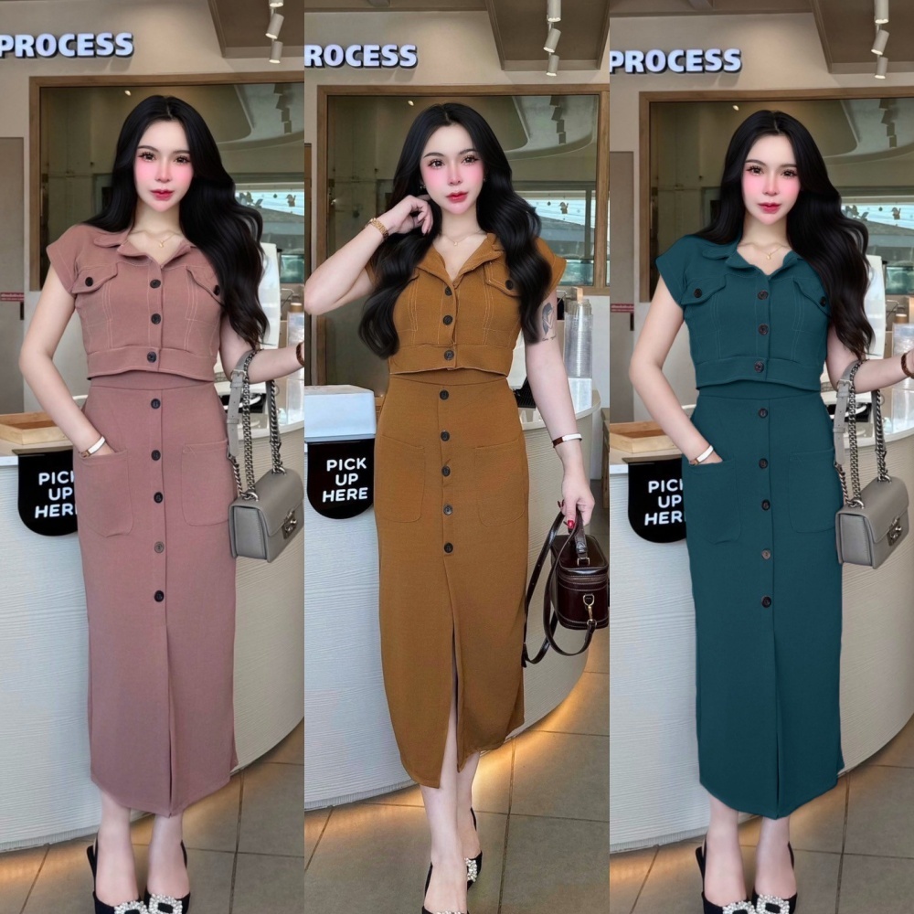 พร้อมส่ง ชุดเซตกระโปรงผ้าวูลเวฟ เสื้อทรงครอปคอปกกระดุมหน้าแต่งกระเป๋าหน้า+กระโปรงเอวเรียบกระเป๋าหน้าแต่งกระดุมหน้า