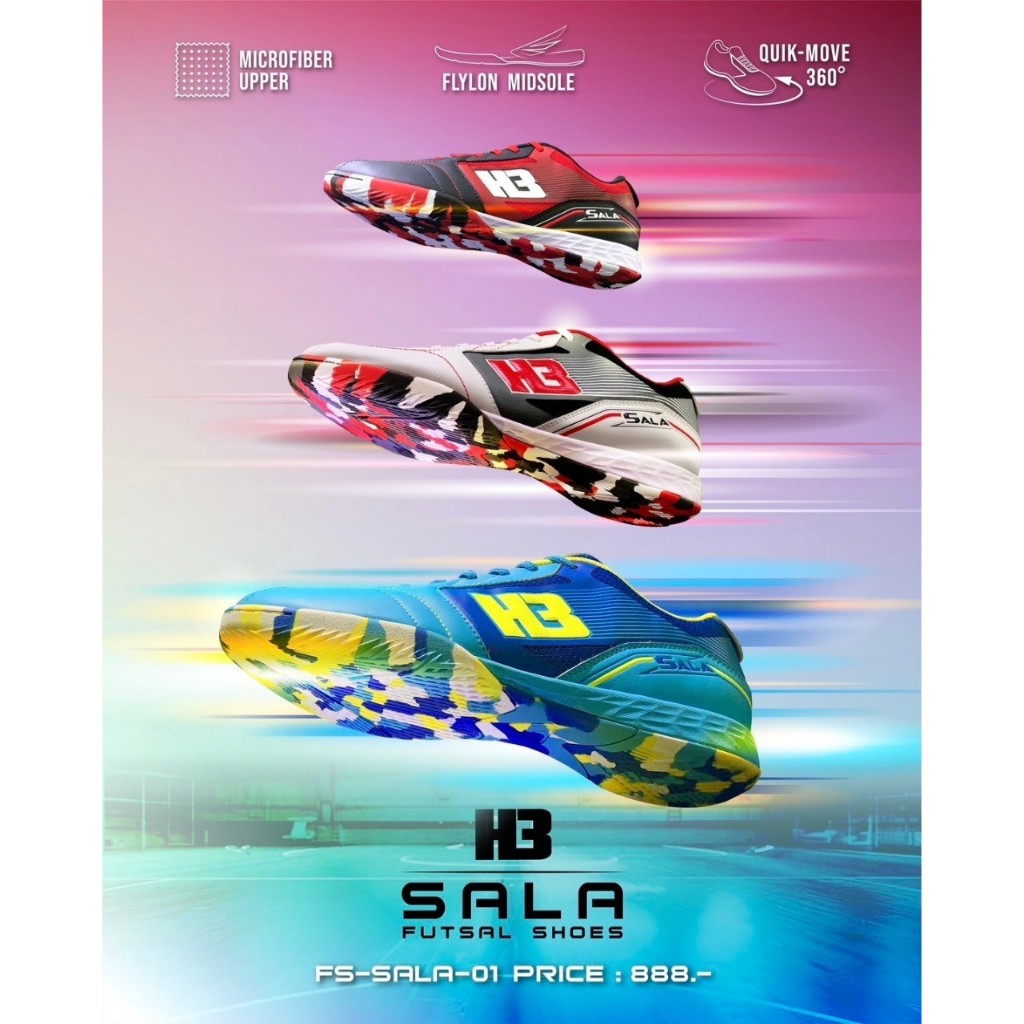 ืH3รองเท้าฟุตซอลพื้นสีรุ่นSalaH3size39-45มี3สีขาวแดง/ฟ้าเหลือง/ดำแดง