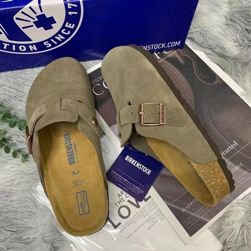 ✨BIRKENSTOCK💞（Grey brown）（Sand color）（khaki）รองเท้า Boken รองเท้าหนังวัวหนังนิ่มหนังศีรษะรองเท้าแตะ Unisex รุ่นแคบ