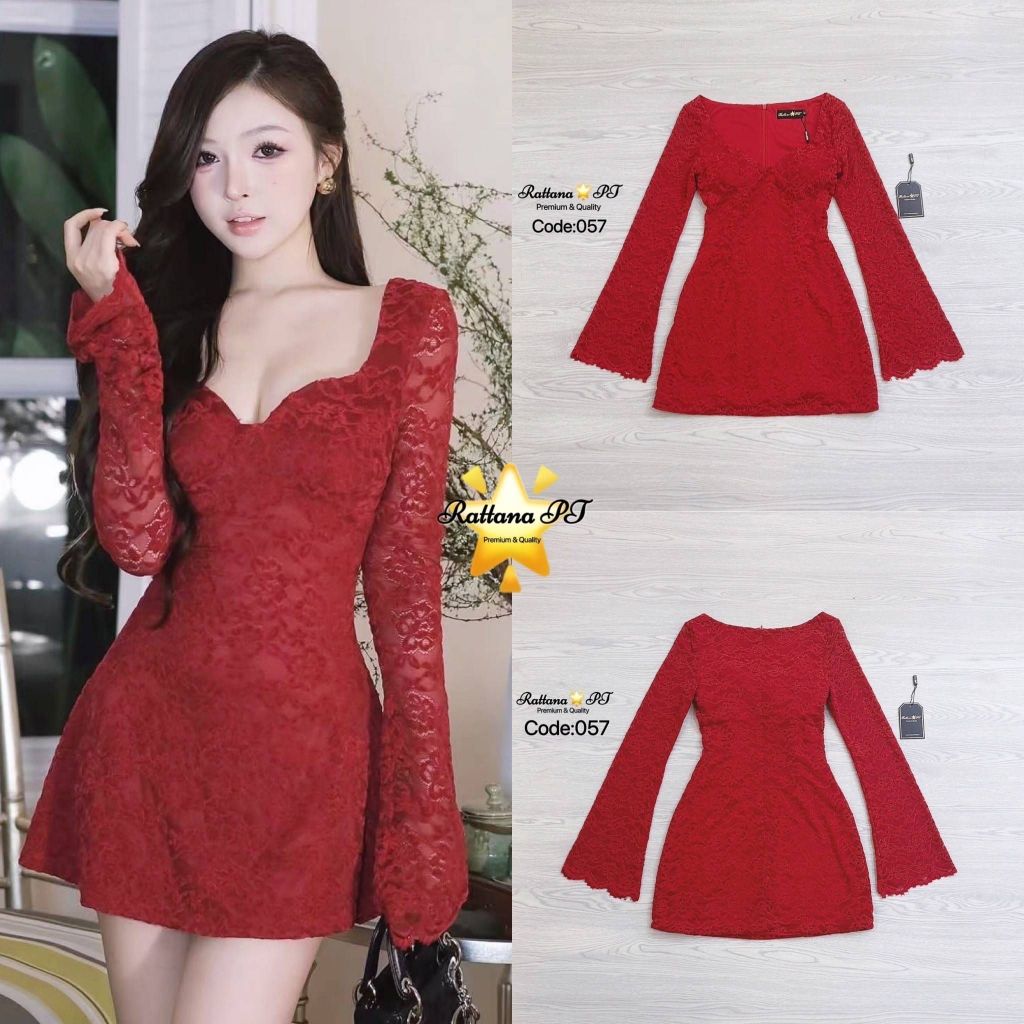 Rattana PT BRAND RTN200 ชุดเดรสแขนยาวเนื้อผ้าลูกไม้ทั้งชุด