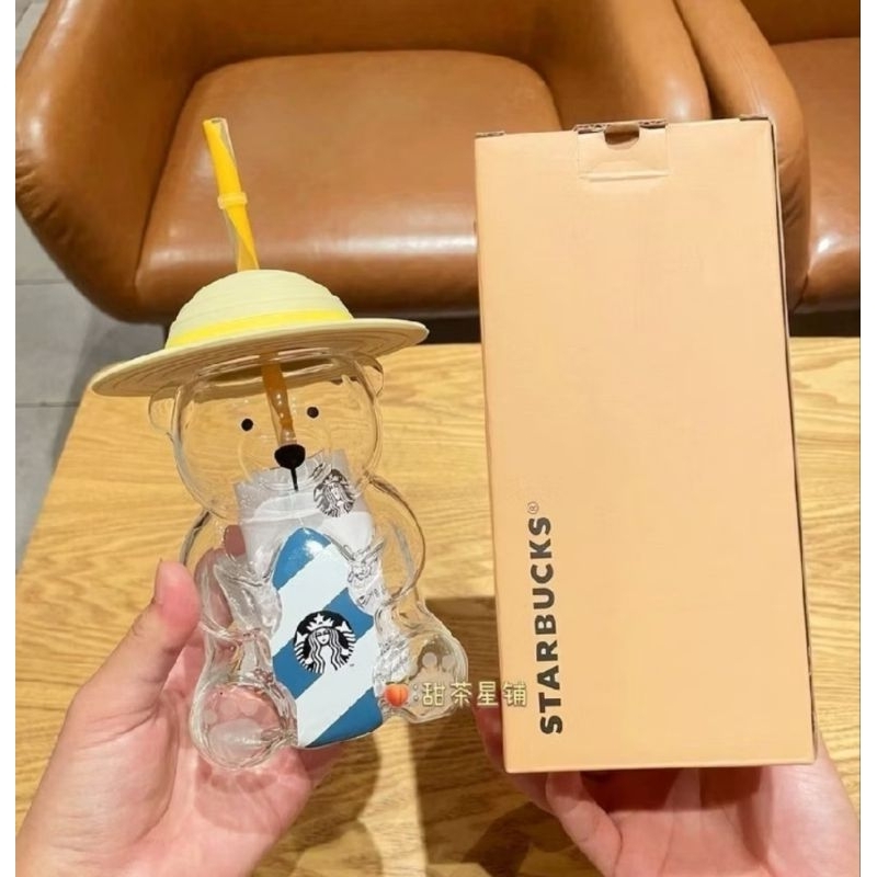 แก้ว Starbucks Summer Ocean Orange Yellow Bear Glass Straw Cup แก้วทนความร้อน /เย็น