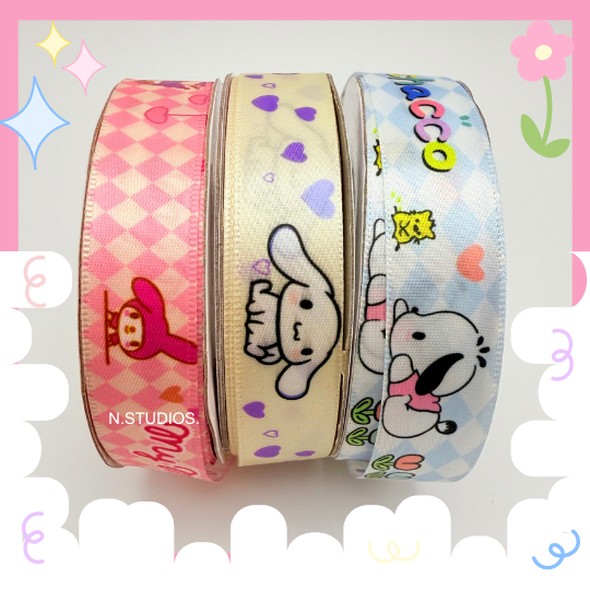 พร้อมส่ง โบว์ ริบบิ้นผ้า My Melody Cinnamoroll Pochacco Sanrio หน้ากว้าง 1.9 ซม. แบ่งขาย เส้นละ 98 ซม. สั่ง2เส้นขึ้นไป