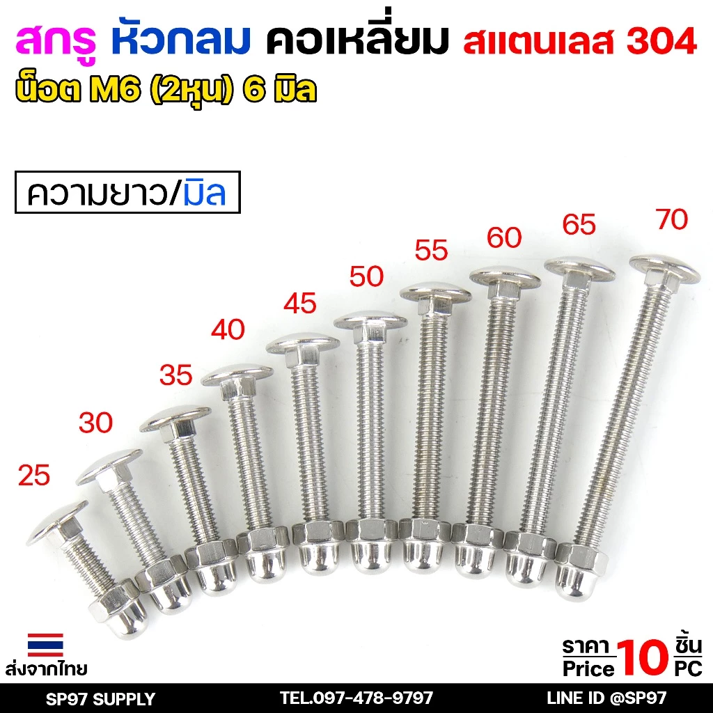M6 สกรู หัวกลมคอเหลี่ยม สกรูยึดลายไม้ สแตนเลส เกรด304 เลือกความยาว ได้ 25-70mm ( แพ็คละ 10 ตัว นอต+หัวหมวก)